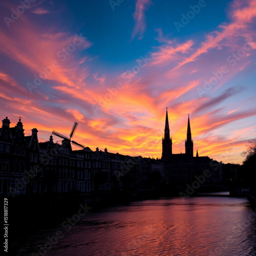 Beautiful sunset over city skyline with church and windmill silhouette landscape photography travel destination