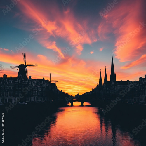 Amsterdam netherlands cityscape sunset canal windmill architecture travel photography view scene landmark sky