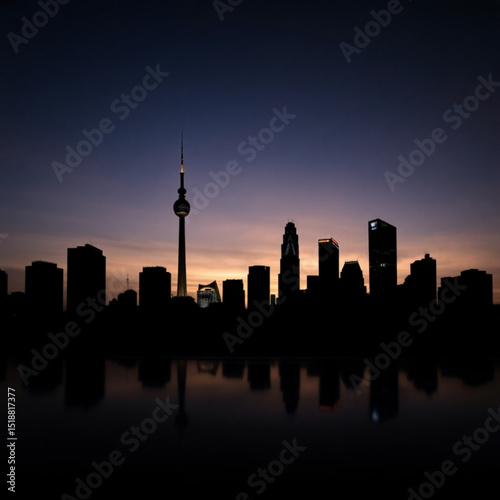 Cityscape silhouette at dusk downtown urban skyline with tower and building reflections on water view 100