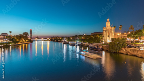 Guadalquivir River near Torre del Oro day to night timelapse in Seville, Spain