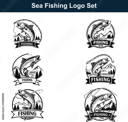 Black and white fish icon set with vintage design and grunge style