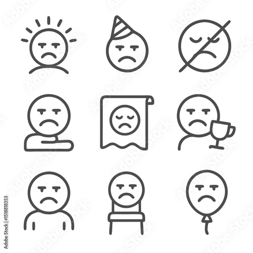 Nine sad emoticons depicts various emotional situations. Suitable for social media, mental health awareness, counseling, therapy related content.