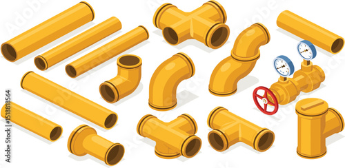 Isometric illustration set of yellow industrial gas pipe fittings valves and connectors isolated on white background for plumbing construction or factory engineering design