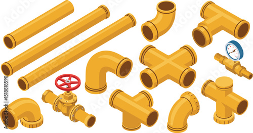 Isometric illustration set of yellow industrial gas pipe fittings valves and connectors isolated on white background for plumbing construction or factory engineering design