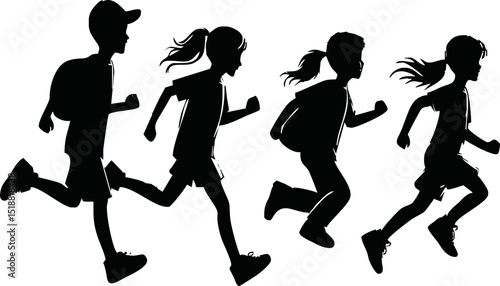 silhouettes of running children vector illustration, group of active kids playing clipart graphic, front view