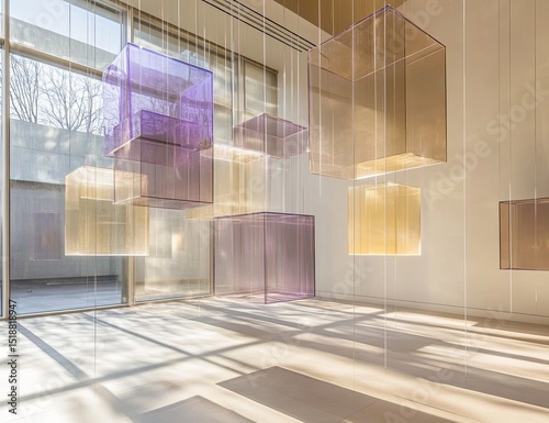Suspended translucent cubes in a light-filled gallery