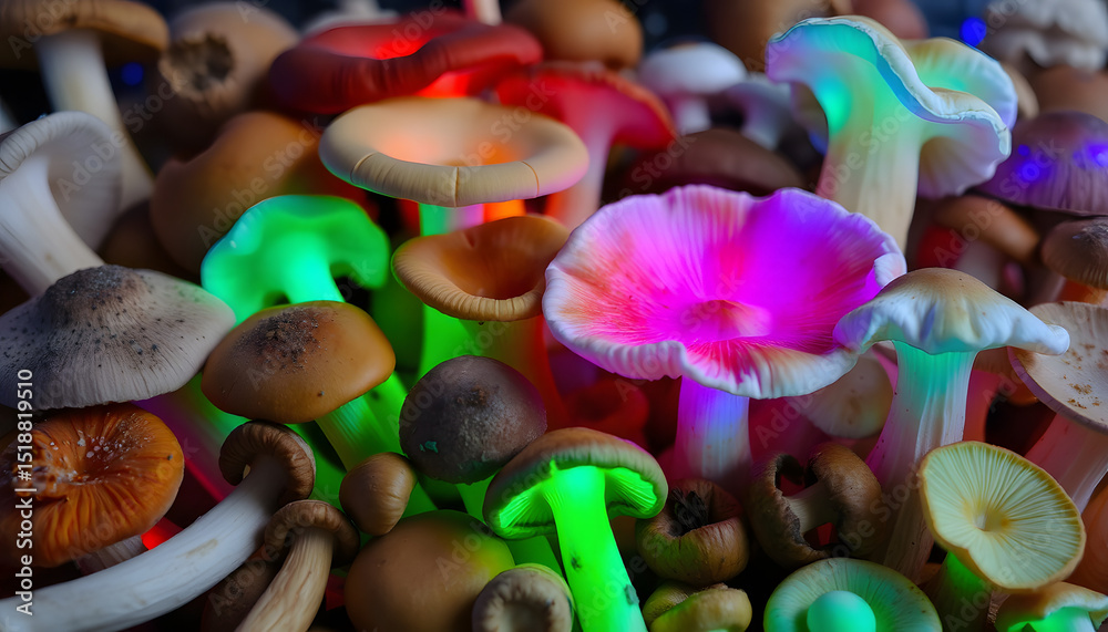 Diverse selection of fresh wild and cultivated raw mushrooms, Colored gel lighting. isolated with white highlights Diverse selection of fresh wild and cultivated raw mushrooms, Colored gel lighting. isolated with white highlights