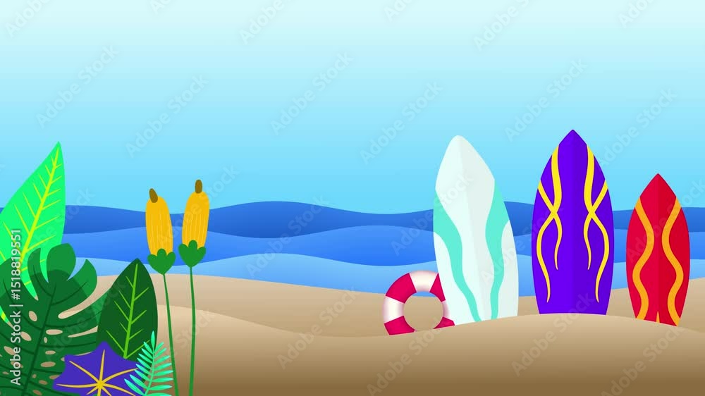 Beautiful summer beach landscape animation with plant, ski board, dan lifebuoy. Seamless loopable background
