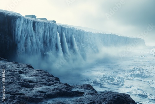 Majestic Wintry Landscape with Frozen Waterfall and Dramatic Stormy Sea - A Scenic Display of Natures Power