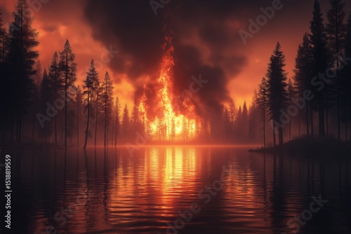 Dramatic Wildfires in Forest. Thick Smoke and Fiery Reflections Over Water at Sunset - Witness Nature's Power and Environmental Impact