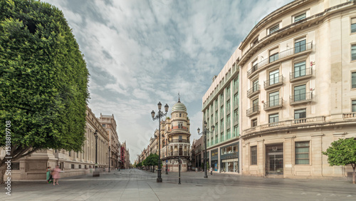 Street view of Constitucion avenue with historical buildings and trams timelapse