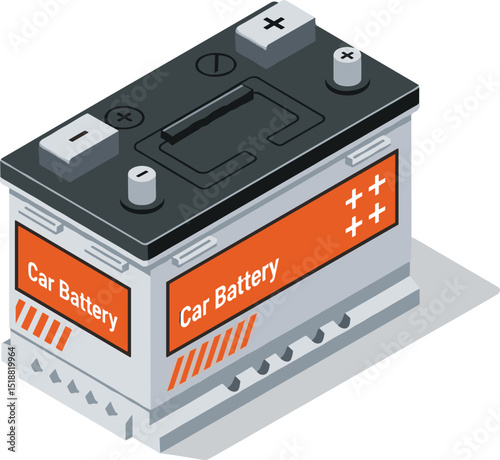 Isometric illustration of a car battery with labeled terminals and modern design used for automotive power and energy storage systems cartoon
