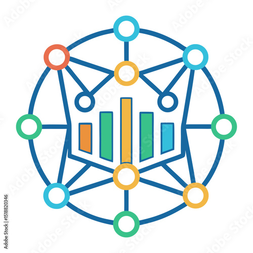 An intricate, vibrant illustration depicts a network of interconnected circles and lines forming a circular pattern. In the center, a stylized bar graph with colorful segments (orange, green, blue, 