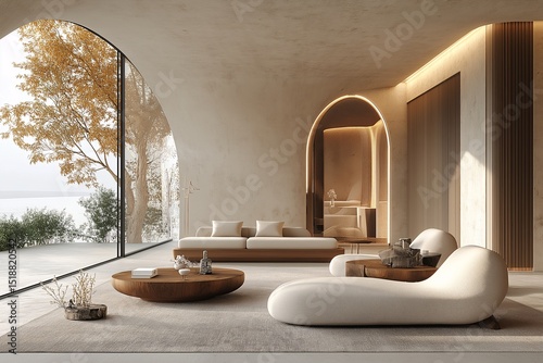 Cozy Living Room. Modern Furniture & Minimalist Decor with Large Windows and Natural Light