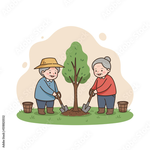 Elderly couple planting trees in garden with cheerful expressions  
