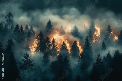 Wildfire's Devastation. Forest Fire Smoke and Flames in Pine Tree Wilderness