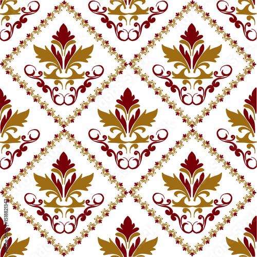 Native ethnic thai geometric pattern samless gold and red on a light gray background. Native thai fabric tiles, rugs, shirts	