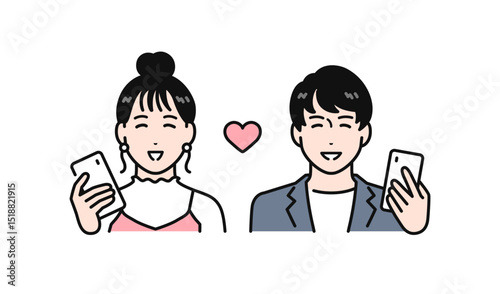 スマートフォンでマッチングアプリを利用する若い男女