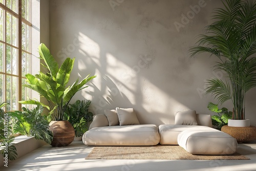 Modern Cozy Living Room Design with Neutral Colors and Indoor Plants for Tranquil Relaxation