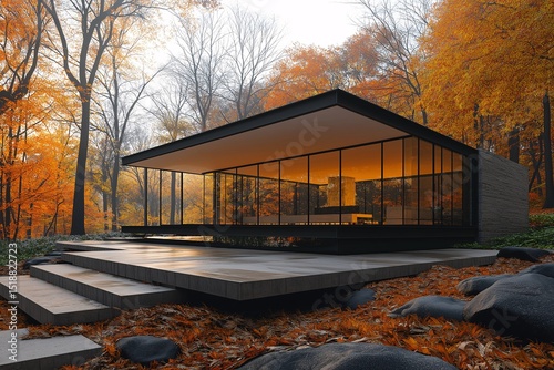 Modern Glass House in Autumn Forest. Serene Minimalist Design, Sustainable Architecture & Nature Integration for Luxury Living