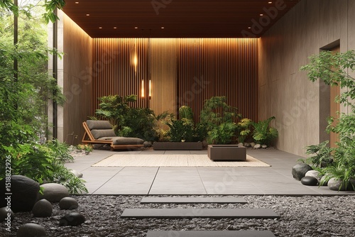 Modern Outdoor Space. Tranquil Zen Atmosphere with Contemporary Minimalist Design and Lush Indoor Plants