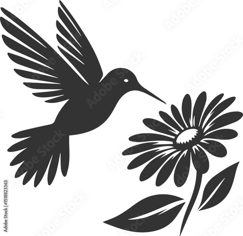 Flying hummingbird vector silhouette with flower
