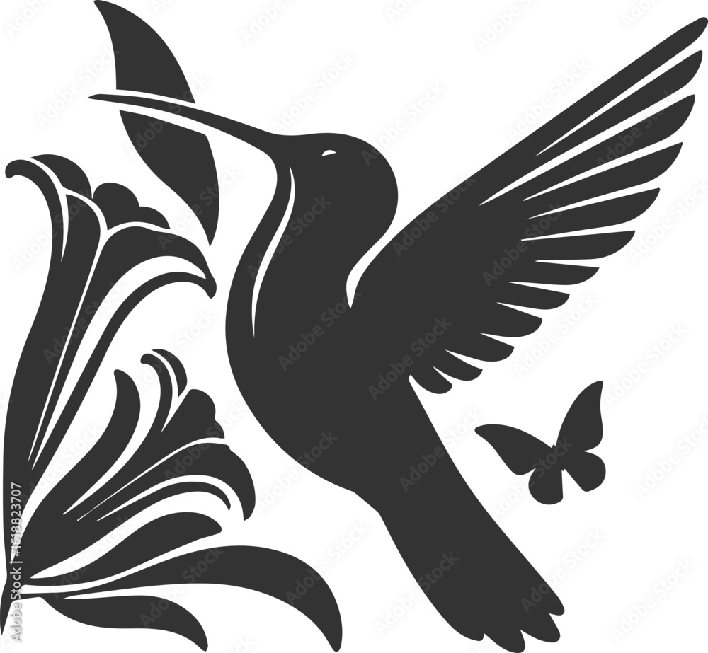 Fototapeta premium Flying hummingbird vector silhouette with flower