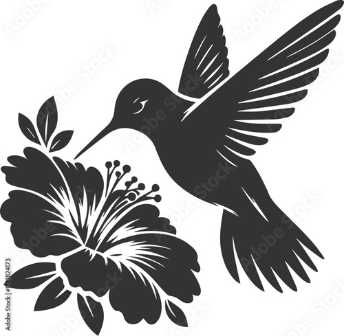 Flying hummingbird vector silhouette with flower
