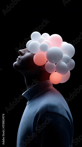 Growth mindset, motivation and self-improvement: Floating light spheres entering human head, motivation, ideas and continuous learning.