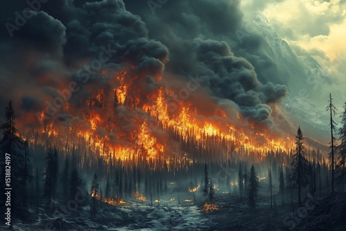 Forest Wildfire Blaze. Dramatic Landscape of Flames and Smoke in Nature's Catastrophe