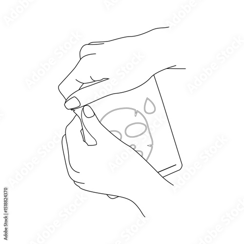 Line drawing of hands opening a facial sheet mask package. Skincare product preparation minimalist black and white vector illustration.