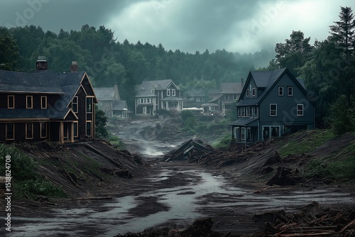 Abandoned Houses in Stormy Weather. Flooded Rural Landscape with Urban Decay and Environmental Devastation