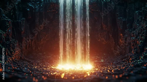 Digital waterfall in a rocky cave