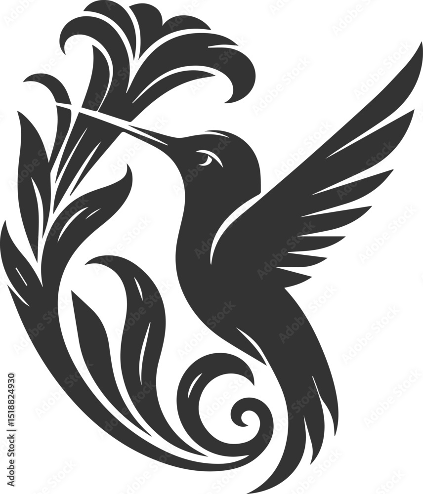 Fototapeta premium Flying hummingbird vector silhouette with flower