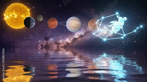 Planets and constellations reflected in water