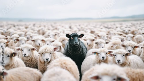herd of sheep, black sheep in center, flock of white sheep, unique sheep imagery, animal behavior clip, farm life video, peaceful pasture scenes, contrast in nature, adorable sheep footage, wildlife i