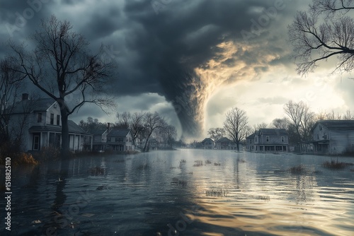 Ominous Tornado Storm Clouds Over Rural Homes. Nature's Fury and Threatening Skies in a Powerful Weather Disaster Scene