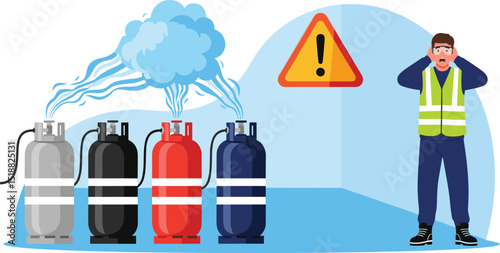 Factory worker receives safety training on how to respond to hazardous gas leaks during emergency situations in industrial environments isometric cartoon