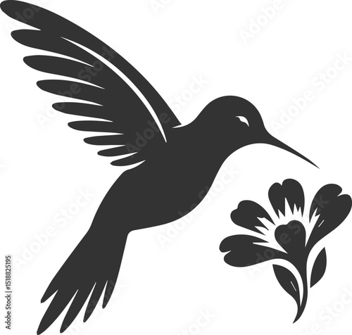 Flying hummingbird vector silhouette with flower