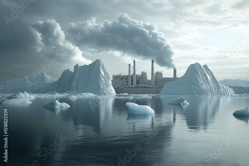 Climate Change Impact. Factory Smoke and Melting Arctic Icebergs in Modern Industry