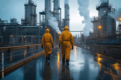 Oil Refinery Workers in Yellow Safety Gear at Industrial Petrochemical Facility Evening Energy Production and Pollution Management