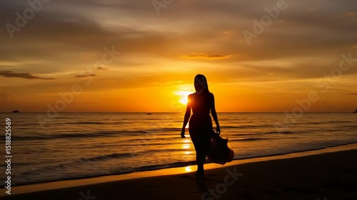 Silhouette of a person walking on a beach at sunset
