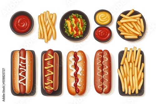 Assorted Hot Dogs with French Fries and Sauces Served on Plates, Culinary Delights
