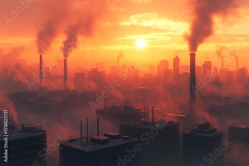 Industrial Smog and Smokestacks at Sunset. A Cityscape Reflecting Urbanization and Climate Change Impact on Air Quality