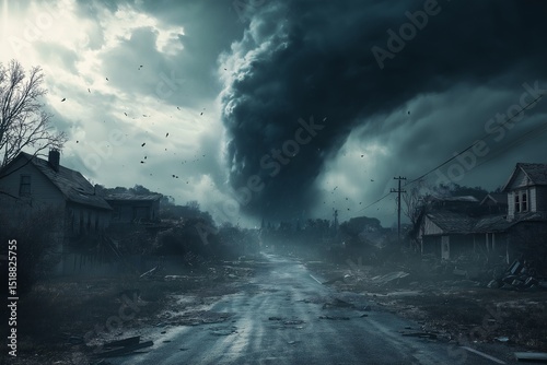 Destructive Tornado Storm. Eerie Scene of Abandoned Houses under Ominous Sky in Rural Area