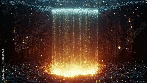 Waterfall of light cascading down a digital rock face