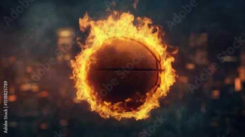 Basketball ball burning with bright orange flame and sparks, intense and dynamic sport action against dark city background, creating powerful and fiery sports scene
