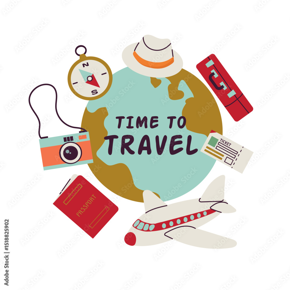Naklejka premium Time To Travel tourism trip vacation accessories elements card banner invitation poster