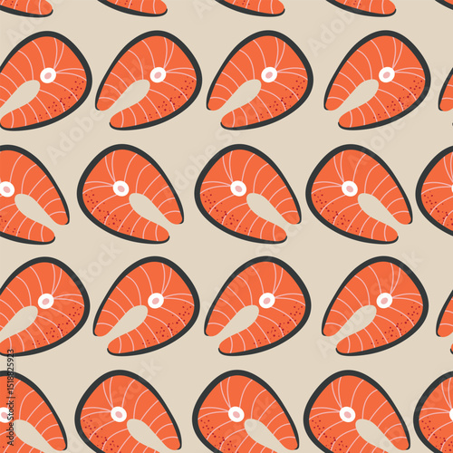 Tuna salmon red fish stake seamless pattern background for packaging and decoration. Eco healthy food concept.