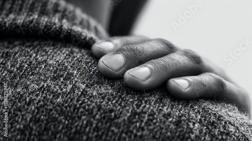 Soft young person's gentle hand clutching shoulder in subtle pain. Clean white space on side for ad or text. Calm fade tone evokes comfort and healing in a minimalist, serene setting.

